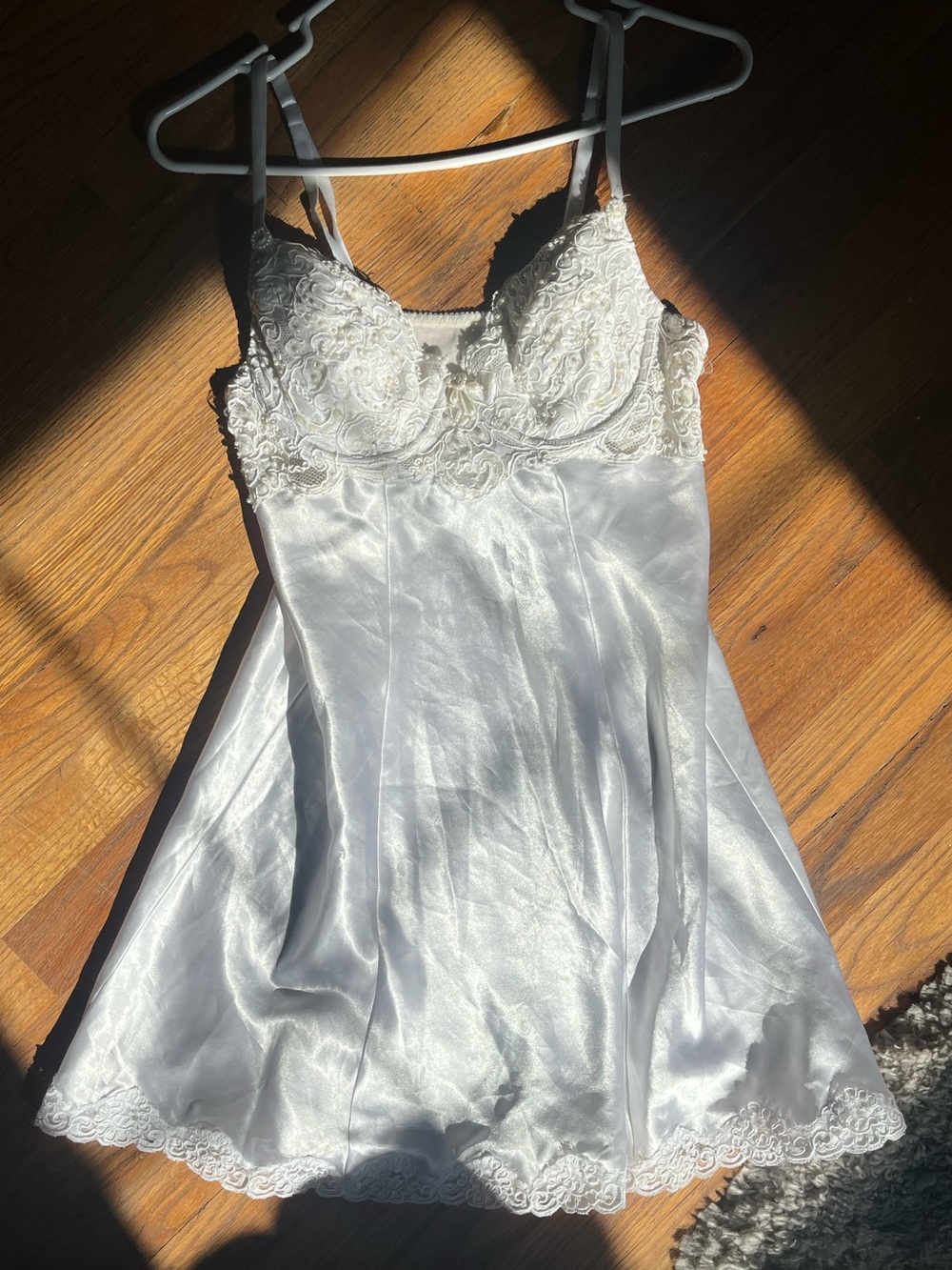 Victoria’s Secret white satin slip dress with beads, lace, and pearls 90s